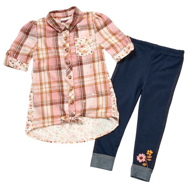 Girls &#40;4-6x&#41; Little Lass Plaid Disco Dot Tie Front Top & Leggings - image 