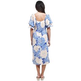Womens Luxology Puff Sleeve Floral Linen Midi Challis Dress