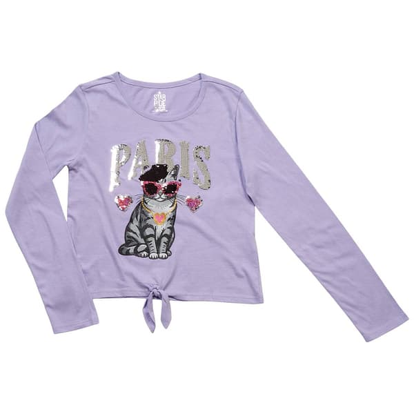 Girls (7-16) Star Ride(R) Long Sleeve Paris Cat Flip Sequin Tee - image 