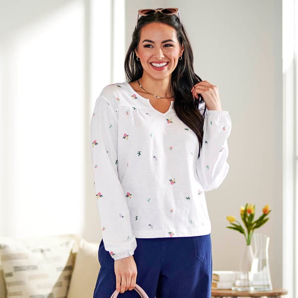 Womens LANDS END(R) Long Sleeve Split Neck Yoke Embroidery Blouse - image 