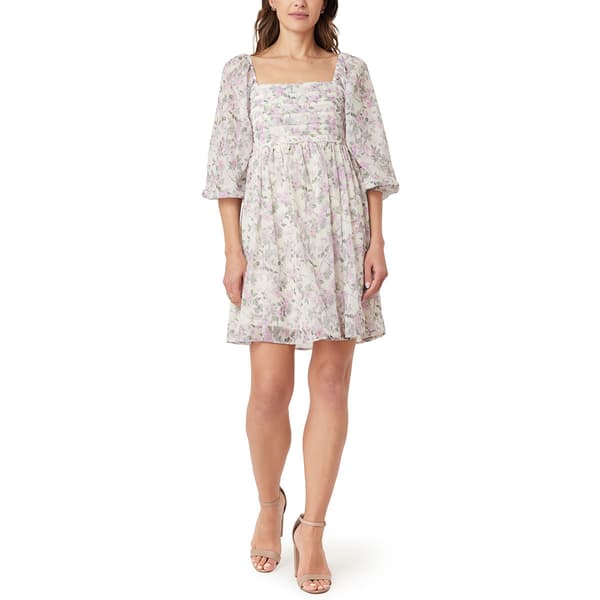 Juniors Wallflower 3/4 Sleeve Pleat Chiffon Babydoll Dress