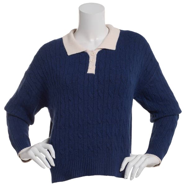 Juniors Freshman Mossy Cable Knit Polo Pullover Sweater - image 