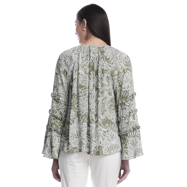 Petite Rafaella® Damask Tiered Ruffle Bell Sleeve Blouse