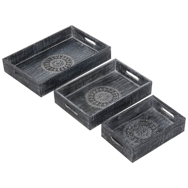 9th & Pike&#174; Black Carved Wooden Trays - Set Of 3