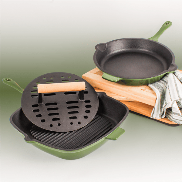 BergHOFF Neo 3pc. Cast Iron Fry & Grill Pan Set with Steak Press