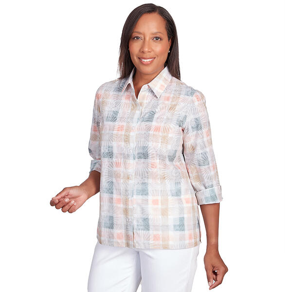 Womens Alfred Dunner Classics 3/4 Sleeve Woven Plaid Button Down