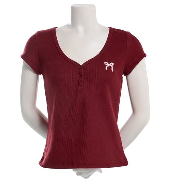 Juniors Madden Girl Cap Sleeve Plush Waffle Henley Top - Tawny - image 