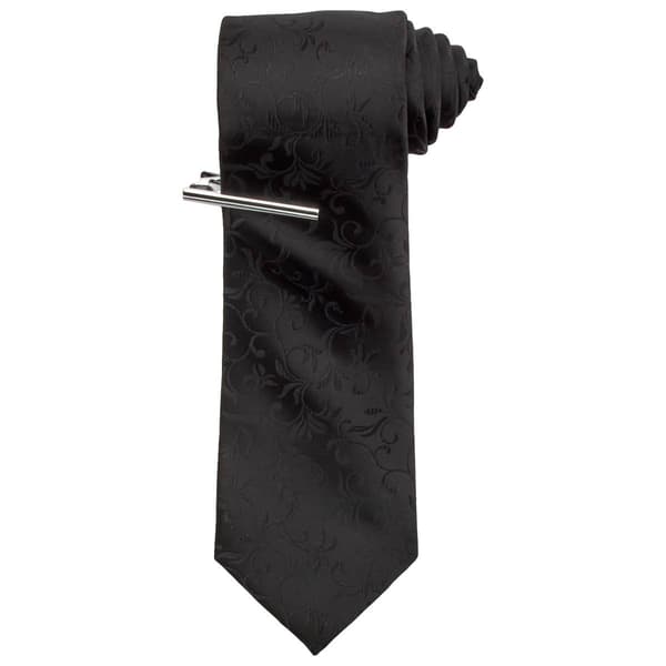 Mens Bill Blass Solid Floral Tie & Tie Bar - image 
