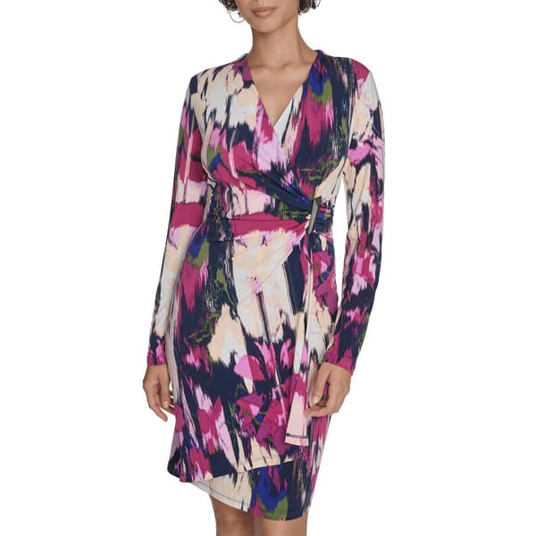 Womens Calvin Klein Long Sleeve Abstract Side Buckle Sheath Dress