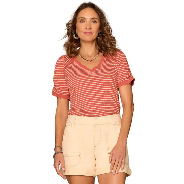 Womens Democracy Short Ruch Sleeve V Neck Stripe Blouse