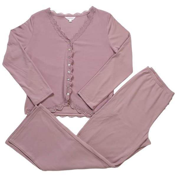 Womens Danskin Long Sleeve Ribbed Lace Trim Pajama Set - image 