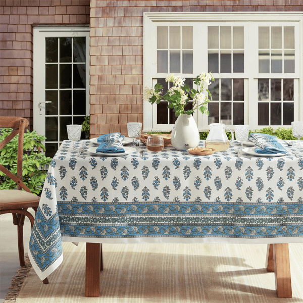 Threadmade Tropez Block Print Stain & Water Resistant Tablecloth
