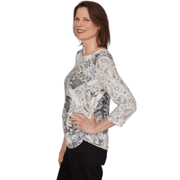 Petite Alfred Dunner Classics 3/4 Sleeve Geo Leaf Blouse