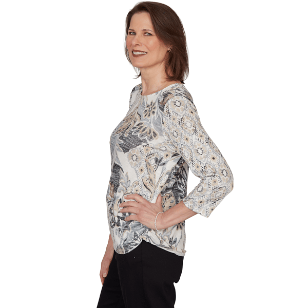 Petite Alfred Dunner Classics 3/4 Sleeve Geo Leaf Blouse