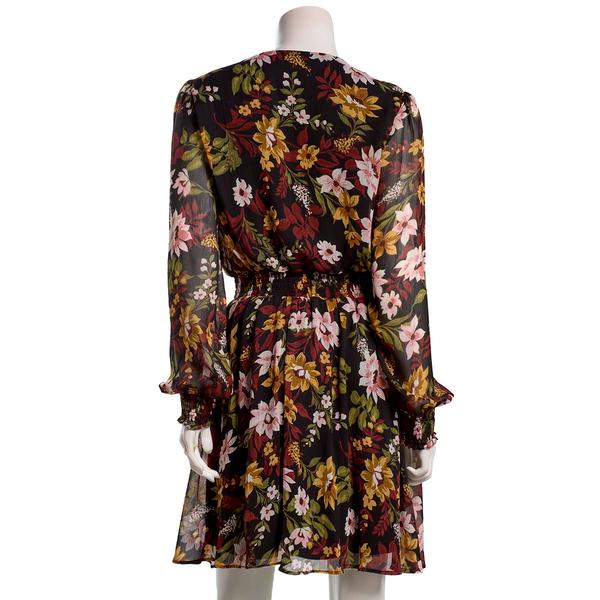 Petite MSK Long Sleeve Floral V-Neck Chiffon A-Line Dress