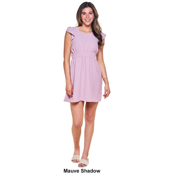 Juniors No Comment Airflow Flutter Sleeve Smock Waist Mini Dress