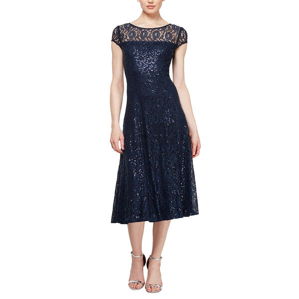 Womens SLNY Cap Sleeve Sequin Lace Tea Length Midi Dress