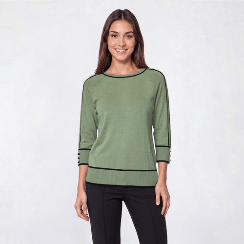 Womens Retrology 3/4 Sleeve Solid Crew Neck Tipped Sweater