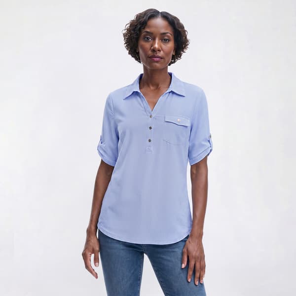 Womens Emily Daniels Roll Tab Elbow Sleeve Pinstripe Blouse - image 