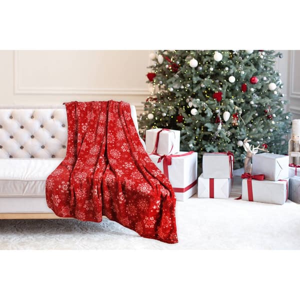 Kathy Ireland Red Snowflakes Holiday Plush Flannel Throw Blanket