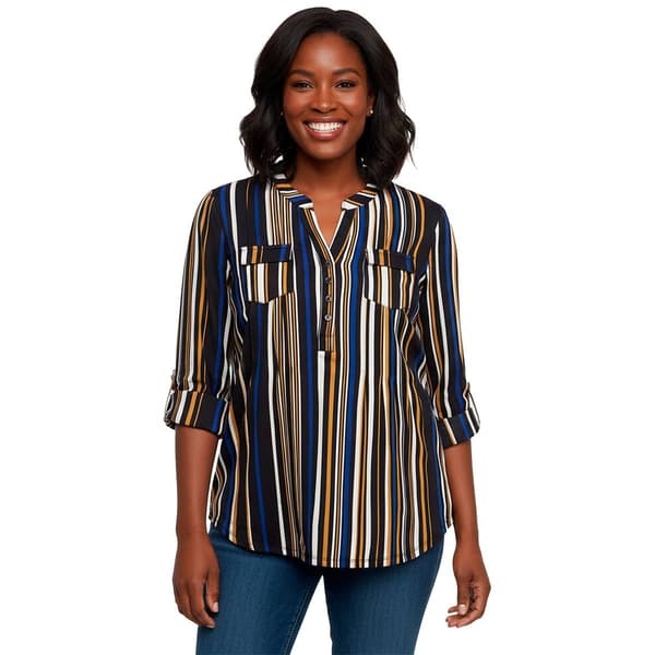 Womens Cocomo 3/4 Roll Tab Sleeve Stripe Mandarin Collar Blouse - image 