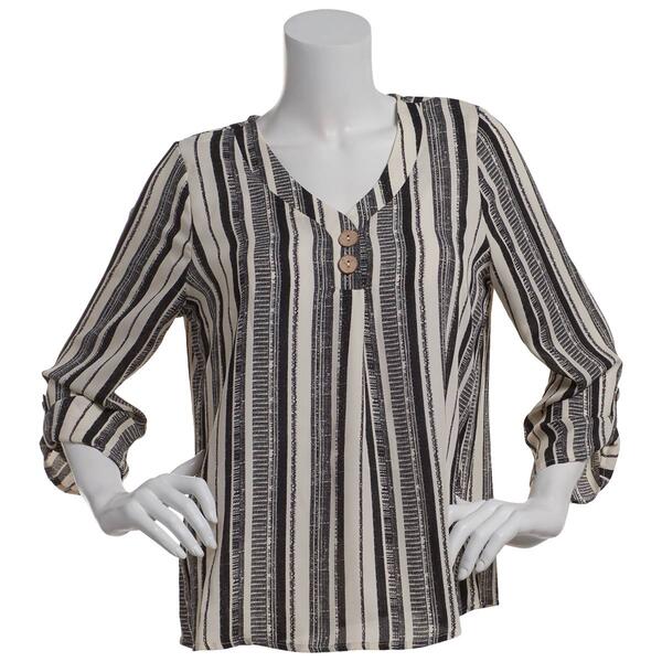 Womens Cure 3/4 Sleeve 3/4 Sleeve Two Button Stripe Henley Blouse - image 