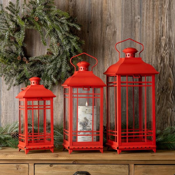 Melrose Traditional Red Metal Lanterns - Set of 3