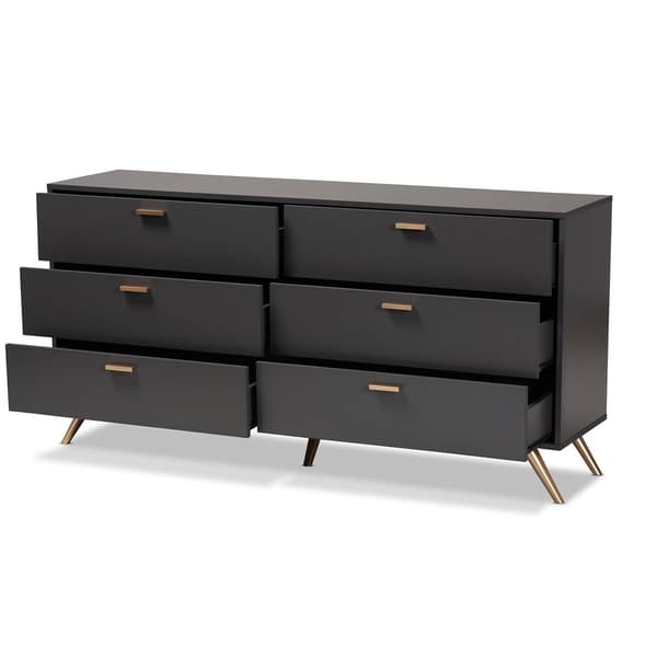 Baxton Studio Kelson Dark Grey & Gold Wood 6-Drawer Dresser