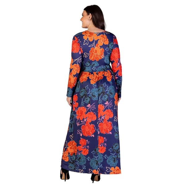 Plus Size 24/7 Comfort Apparel Navy Floral Side Slit Maxi Dress