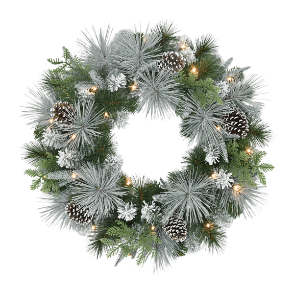 Puleo International 24in. Pre-Lit Flocked Wreath with Pinecones - image 