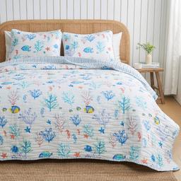 FreshFolds Ryanne 3pc. Reversible Coral & Fish Quilt Set