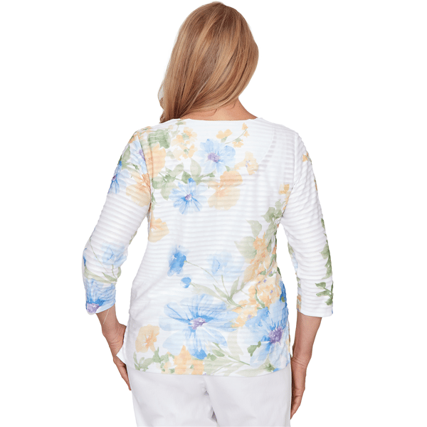 Petite Alfred Dunner Classics 3/4 Sleeve Floral Stripe Blouse