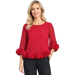 Petites Ali Miles 3/4 Sleeve Ruffle Cuff And Hem Pleated Blouse