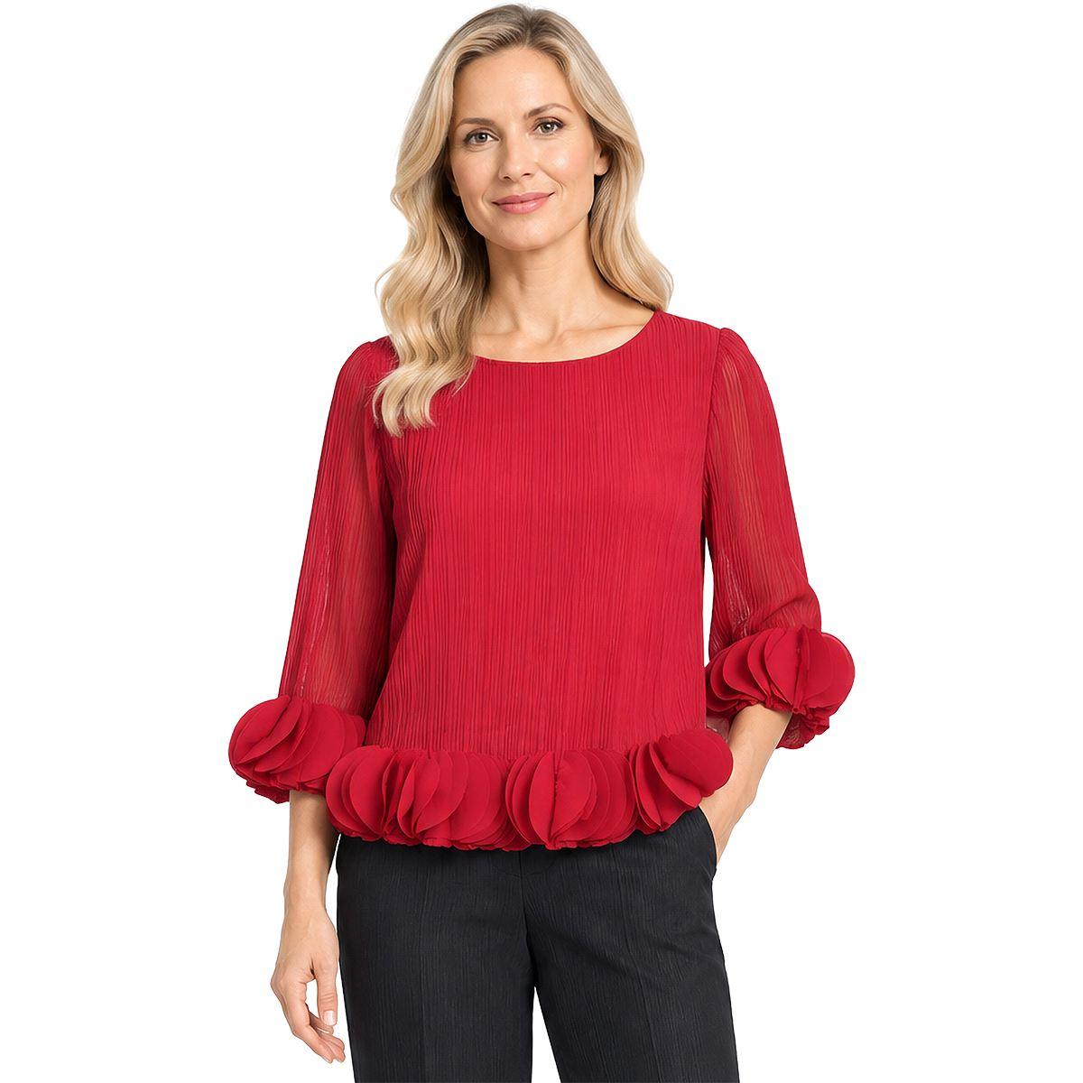 Petites Ali Miles 3/4 Sleeve Ruffle Cuff And Hem Pleated Blouse