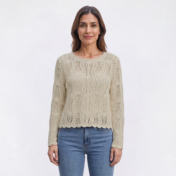 Womens Adrianna Papell Long Sleeve Scallop Edge Crochet Sweater