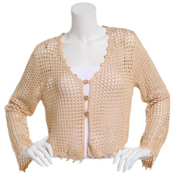 Juniors No Comment Bell Sleeve Knit Button Cropped Cardigan - image 
