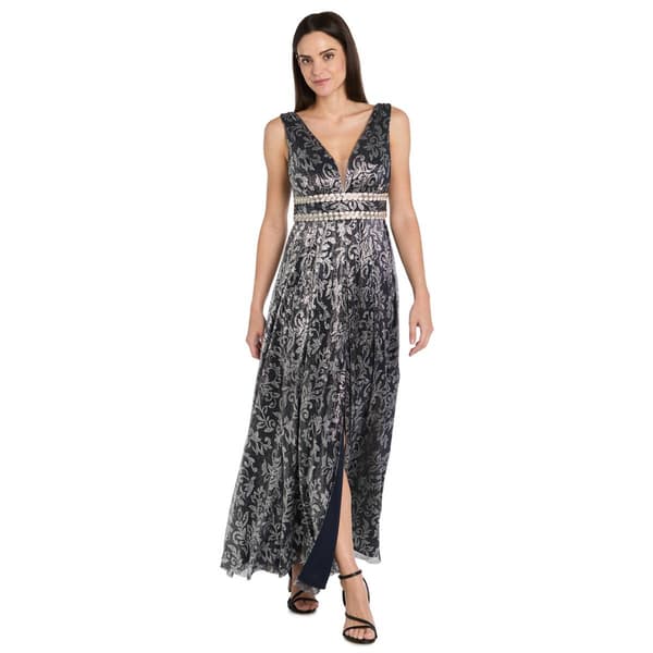 Petite R&M Richards Sleeveless Print Beaded Waist Gown