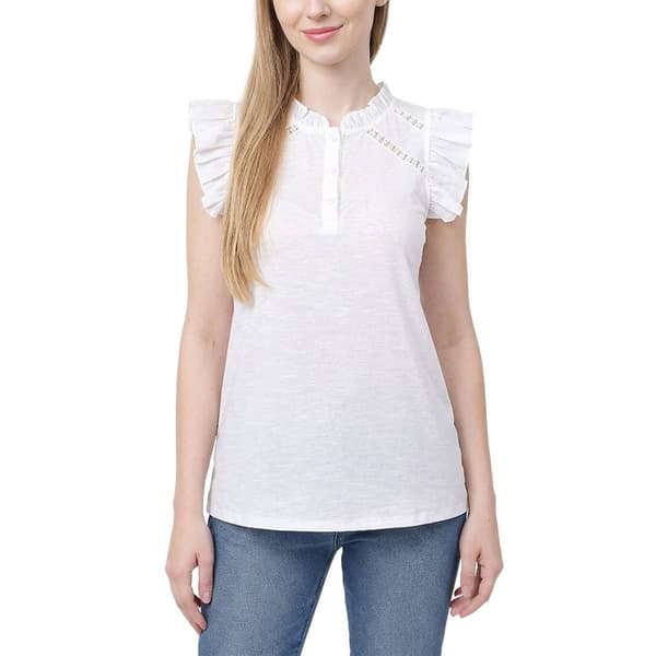 Womens NY Collection Flutter Cap Sleeve 1/4 Button Blouse