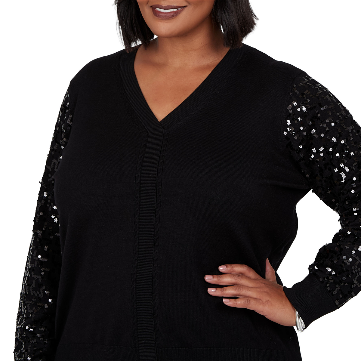 Plus Size Emaline Lavender Revelry Sequin Sleeve V-Neck Sweater