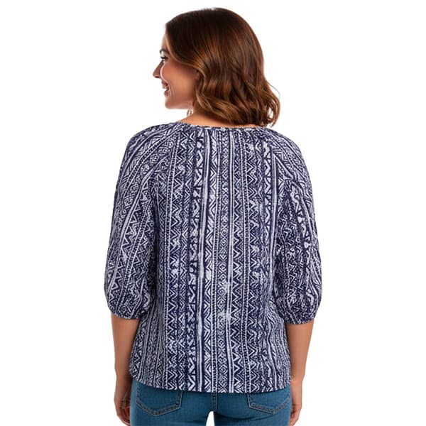 Petite NY Collection 3/4 Sleeve Abstract Crepon Tie Neck Blouse