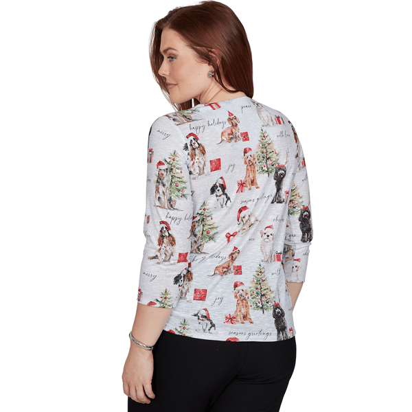 Petite Alfred Dunner Classics 3/4 Sleeve Gift Giving Dogs Tee