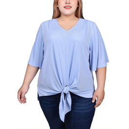 Plus Size NY Collection Elbow Sleeve Tie Front Crepe Top - Blue
