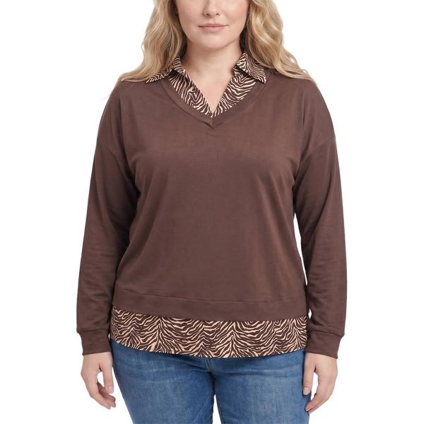Plus Size NY Collection Long Sleeve Solid Hacchi 2Fer W/ Animal