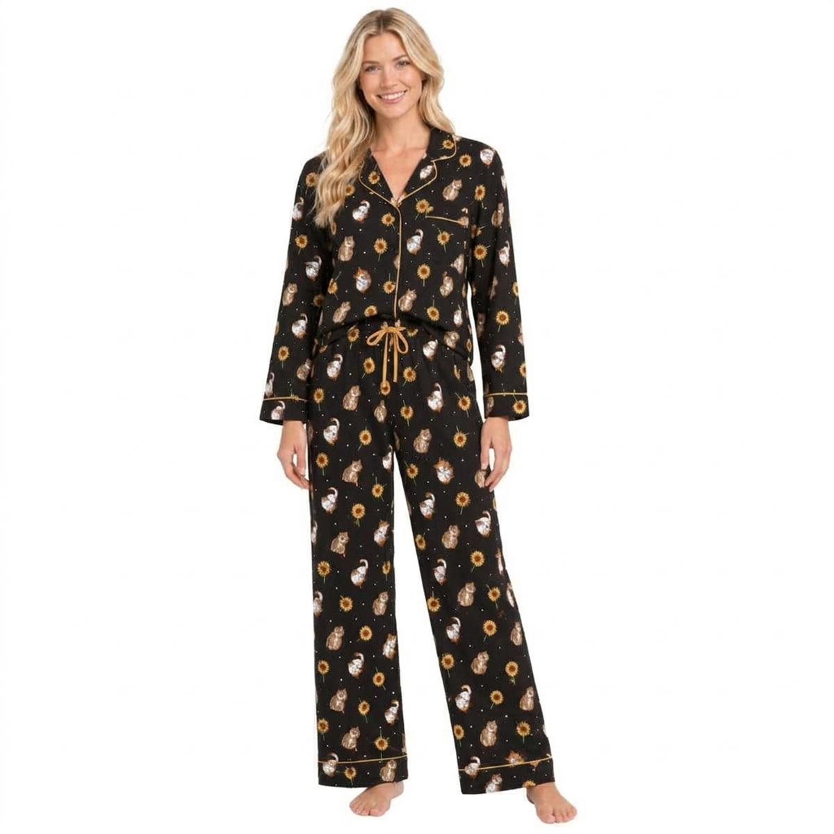 Juniors Pillow Talk Long Sleeve Sunflowers & Cats Pajama Set