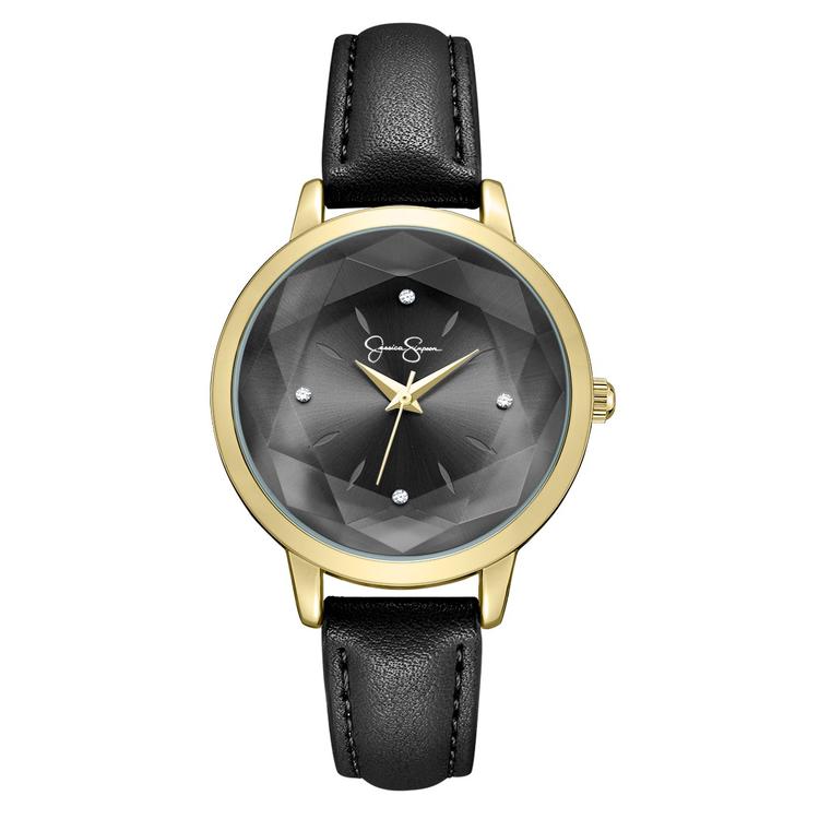 Womens Jessica Simpson Gold-Tone Faceted Bezel Watch - JS0109GDBK