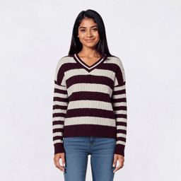 Juniors Heart N Crush Cuddle V-Neck Stripe Cable Sweater