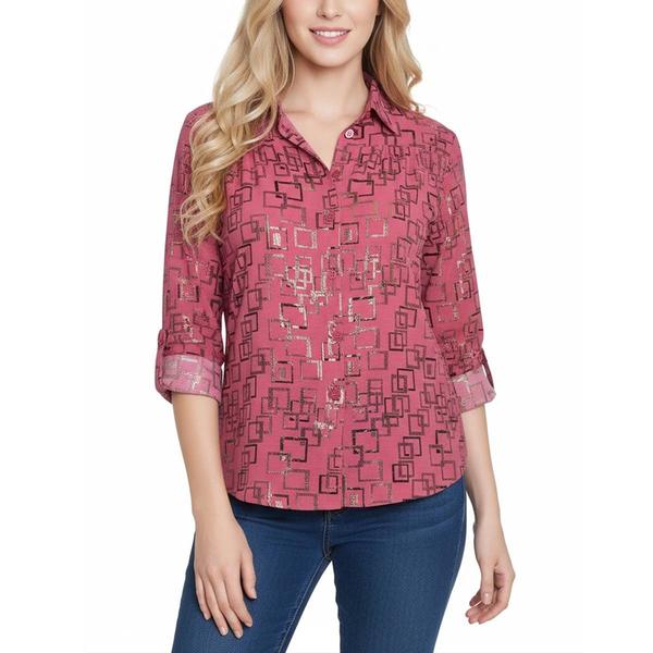 Womens NY Collection Elbow Sleeve Foil Geo Casual Button Down