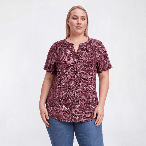 Plus Size Napa Valley Short Sleeve Paisley Henley Blouse