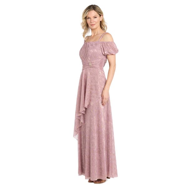 Womens R&M Richards Cold Shoulder Puff Sleeve Side Drape Gown