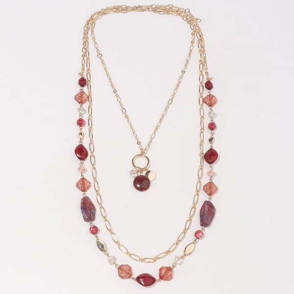 Ashley Cooper(tm) 3 Row Cluster Burgundy Bead & Metal Ring Necklace - image 